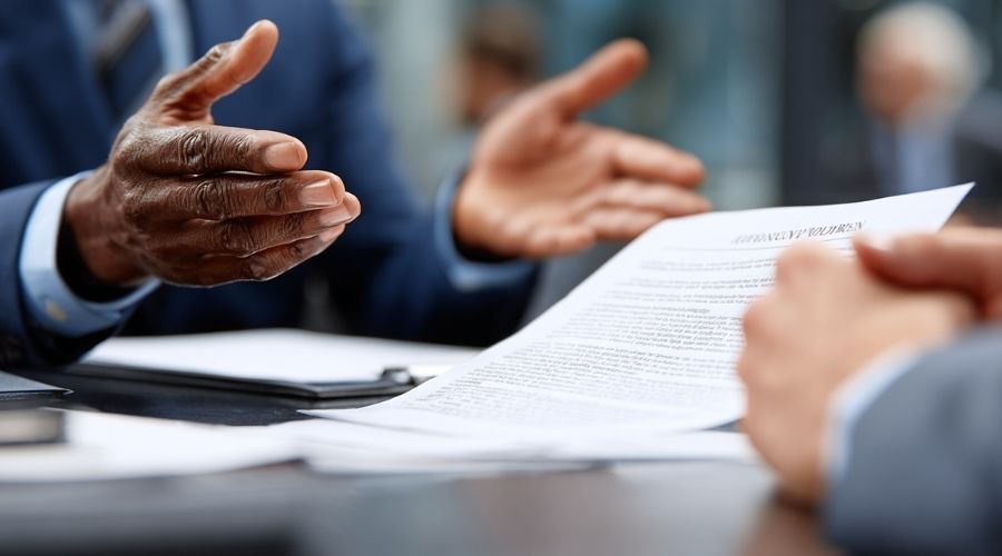 Close professional meeting scene, attorney explaining workers’ compensation settlement agreement to injured worker, document visible on desk, modern law firm interior, soft natural window light.