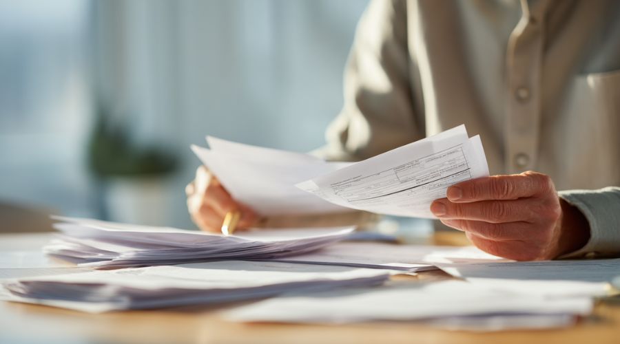 Cómo se calcula la indemnización en las reclamaciones por lesiones personales 1 Una persona revisa facturas médicas, resúmenes de seguros y recibos de sueldo en un escritorio limpio. Iluminación natural suave, documentos organizados y fondo neutro. Ambiente tranquilo y concentrado.