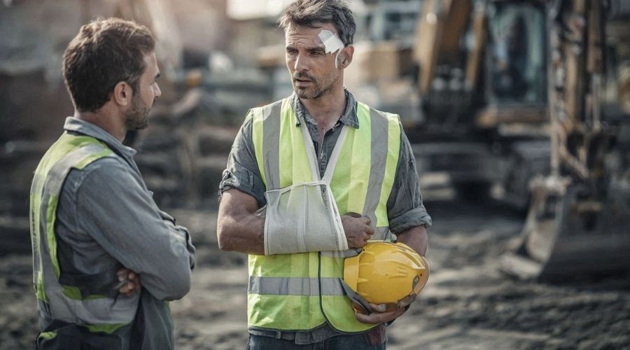 Can You Sue an Employer Outside of Workers’ Comp? 2 Construction site scene where injured worker speaks with another contractor while holding safety helmet, machinery in background.