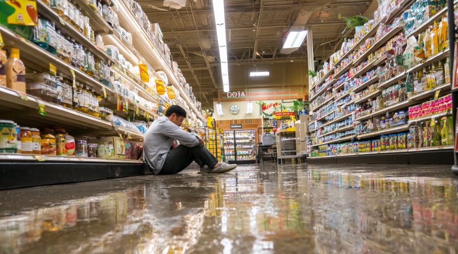 A slip and fall accident inside a commercial property, such as a grocery store or shopping center. An injured adult is seated on the floor near a wet surface with no warning sign, showing visible pain in their leg or back. Store shelves, tiled flooring, and overhead lighting are visible.