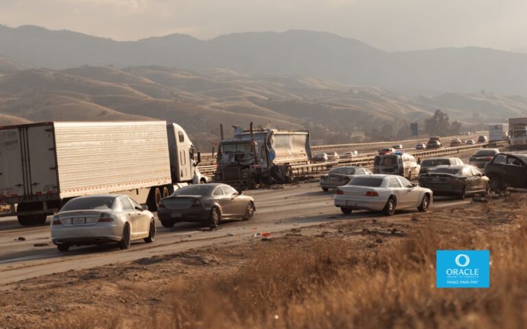 wide-angle photograph of an Inland Empire freeway collision scene just after impact, multiple passenger vehicles stopped on the shoulder, a large commercial truck nearby, traffic slowing in the background, emergency lights visible but subtle, dry Southern California landscape with low hills and open sky, neutral daylight
