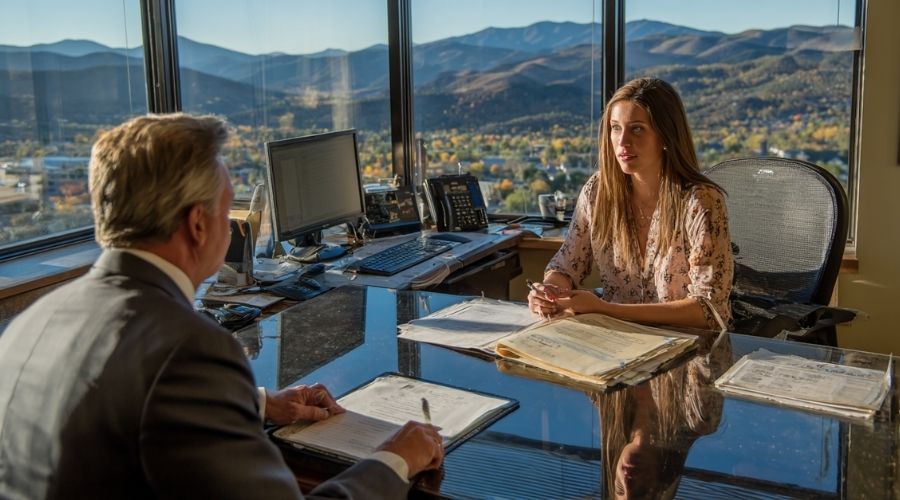 Modern law office in Temecula with large windows overlooking rolling hills, attorney attentively listening to injured client across desk, open file folder with neatly organized documents, calm professional atmosphere, natural light, authentic body language, documentary photography style.