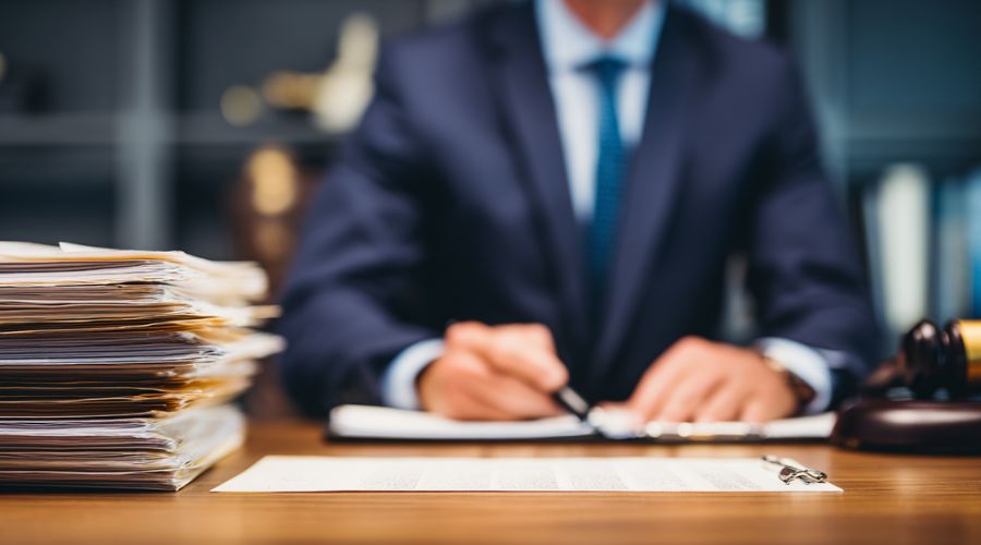 Cómo se calcula la indemnización en las reclamaciones por lesiones personales 3 Un abogado de lesiones personales revisa un expediente en un escritorio, con los documentos legales perfectamente organizados. En un ambiente de oficina moderno, con un comportamiento seguro pero tranquilo, tonos neutros e imágenes fotorrealistas de blogs legales.