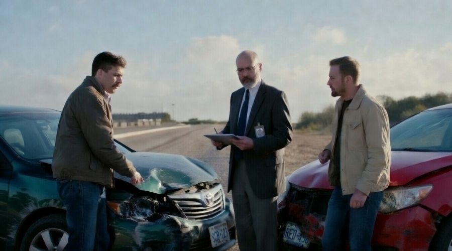 Who Is Liable in a Multi-Car Accident in Orange County? 2 Insurance adjuster and drivers discussing a car accident beside damaged vehicles on the side of a California road, people pointing at vehicle damage while reviewing paperwork, illustrating shared responsibility after a collision, realistic natural lighting, candid photojournalism style
