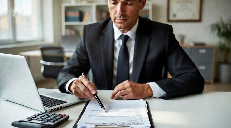 What Happens If You Are Injured in a Car Accident in Irvine? 3 A professional personal injury lawyer reviewing and signing legal documents at a desk in a modern office. The scene highlights the legal process involved in evaluating compensation and preparing claims after a car accident injury.