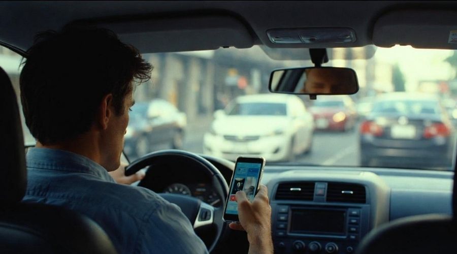 What Are the Most Common Causes of Car Accidents in Irvine? 1 Driver inside a car looking down at a smartphone while driving through city traffic, blurred motion outside windshield, nearby vehicles close by, realistic dangerous distracted driving moment, natural lighting, candid photojournalistic style