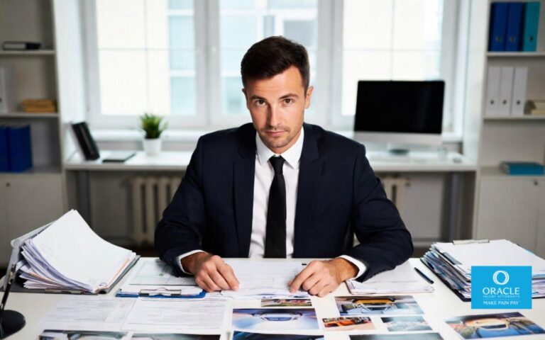 A professional legal scene showing a personal injury lawyer reviewing case files with evidence photos spread across a desk, modern office, natural lighting, serious and focused atmosphere, high realism.