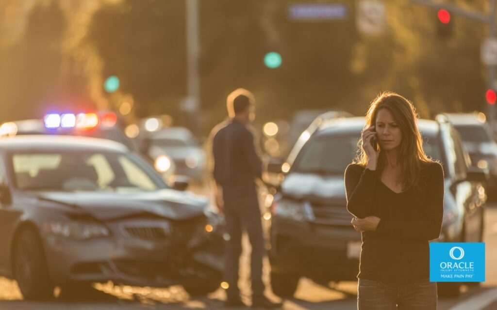 Escena de accidente automovilístico en una concurrida intersección suburbana en Lake Forest, California, durante la hora dorada. Dos vehículos dañados se encuentran detenidos a un lado de la carretera. Un conductor habla por teléfono con expresión de estrés. Luces policiales tenues al fondo. Iluminación cinematográfica. Poca profundidad de campo. Gran nivel de detalle. Ambiente suburbano moderno.