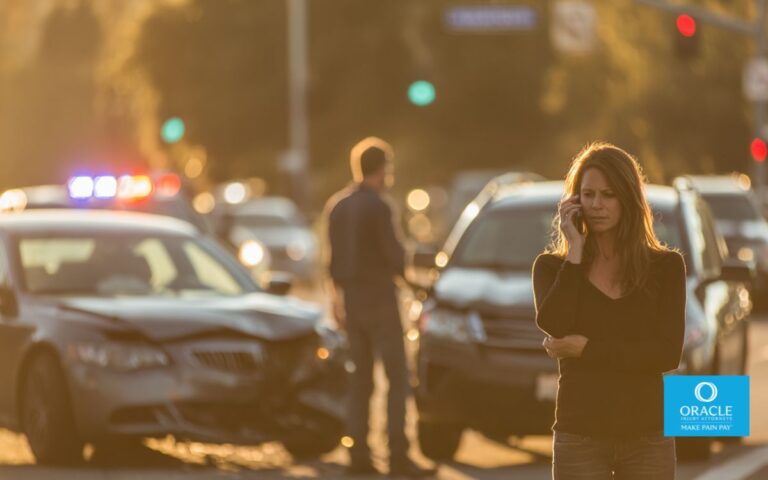Car accident scene at a busy suburban intersection in Lake Forest, California during golden hour, two damaged vehicles pulled over, one driver speaking on the phone while looking stressed, soft police lights in the background, cinematic lighting, shallow depth of field, highly detailed, modern suburban setting