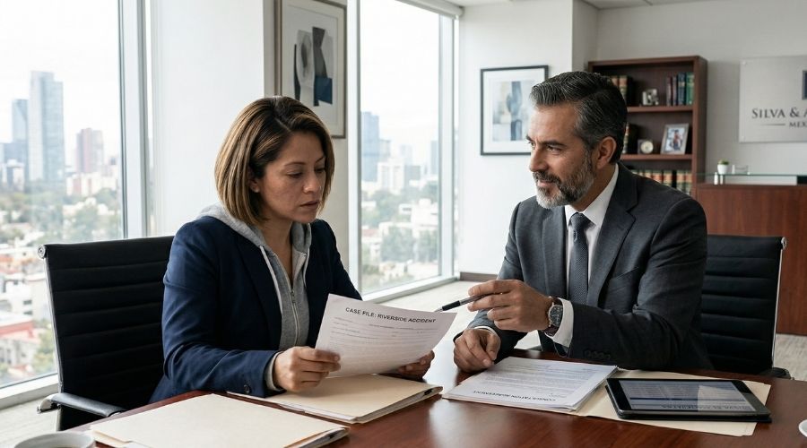 What Should You Do After a Hit-and-Run Accident in Riverside? 3 A professional attorney sitting across from a client in a modern office, reviewing documents together, confident and reassuring atmosphere, clean and polished environment