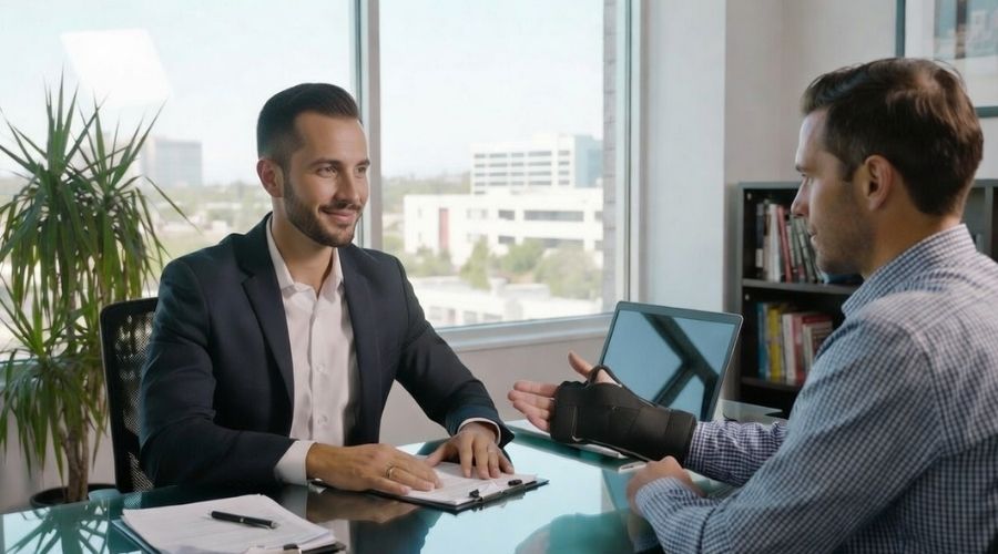Un abogado profesional de lesiones personales consulta con un cliente lesionado que usa una muñequera en una oficina moderna en Santa Ana, documentos legales sobre la mesa, una discusión tranquila y de apoyo, iluminación realista, entorno profesional.