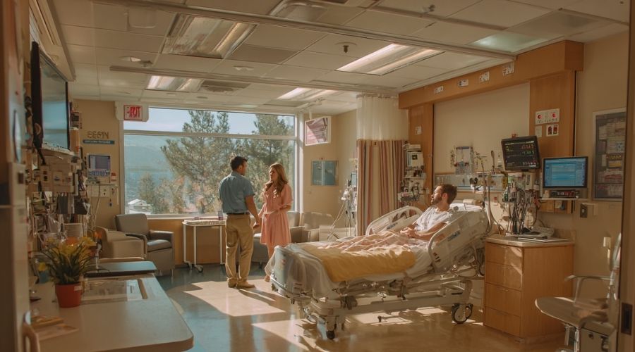 What Happens If You Are Injured in a Car Accident in Irvine? 1 hospital emergency room scene with a person receiving medical evaluation from a doctor while a nurse checks vital signs, modern California hospital setting