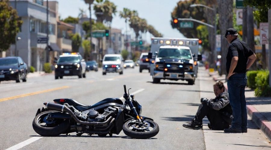 What to Do After a Motorcycle Accident in Orange County 1 A motorcycle accident scene in urban Southern California with emergency responders approaching