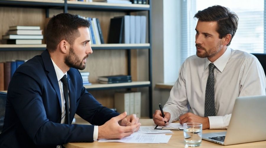 How Personal Injury Lawyers Prove Negligence in California (Effective Strategies That Win Cases) 2 A witness speaking with an attorney in a quiet office setting, both engaged in conversation, natural expressions, professional environment