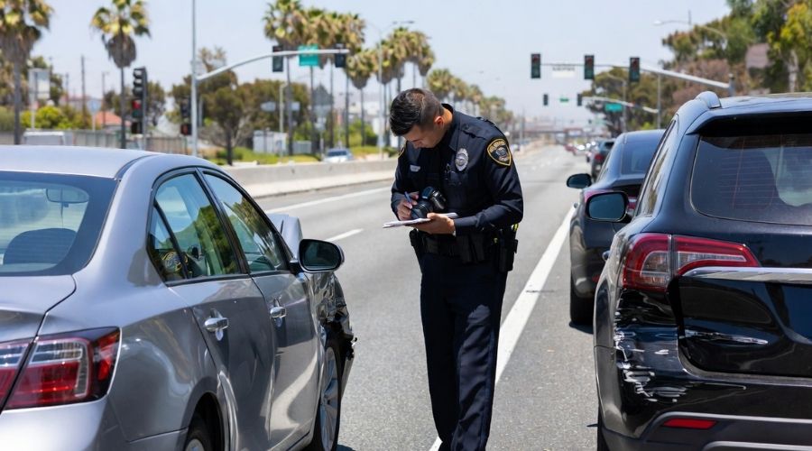 What Are the Most Common Causes of Car Accidents in Irvine? 3 Police officer examining a car accident scene in Irvine, taking photos and notes of vehicle damage, cars pulled over on roadside, official investigation process, realistic documentary style