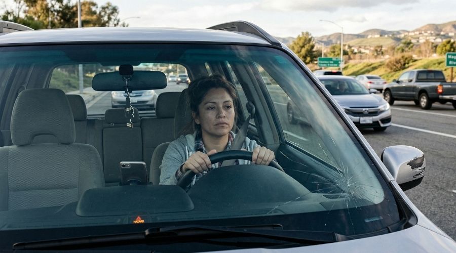 What Should You Do After a Hit-and-Run Accident in Riverside? 1 A realistic roadside scene in Riverside showing a driver sitting inside a stopped car with hazard lights flashing, hands on the steering wheel, taking a moment to assess the situation, slight vehicle damage visible through the windshield, traffic passing cautiously in the background, soft natural daylight, calm but tense atmosphere, highly detailed and authentic setting.