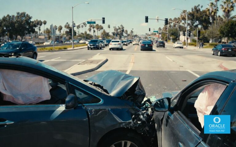 Ultra-realistic photo of a car accident at a busy Irvine intersection, two damaged vehicles after a collision after a car made a right turn, traffic backed up in multiple lanes, modern Southern California streets with palm trees and traffic lights, bright daylight, cinematic documentary photography style, highly detailed