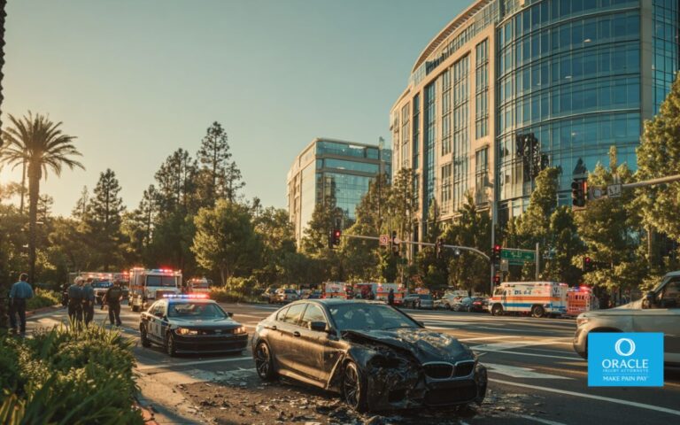 scene of a car accident in Irvine, California at a busy intersection near modern office buildings, two vehicles with visible damage, emergency responders assisting an injured driver