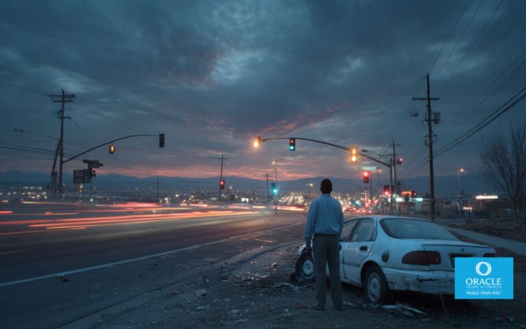 A wide-angle, realistic scene at an intersection in Riverside during early evening, a visibly shaken driver standing next to a damaged car while looking down the road, taillights of a fleeing vehicle disappearing in the distance, subtle motion blur, streetlights beginning to glow, cinematic composition, high realism, emotional storytelling, California urban setting