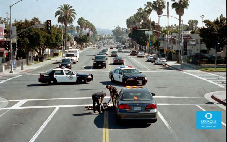 Ultra-realistic photo of a pedestrian accident at a busy Santa Ana intersection, person on the ground being assisted by emergency responders, car stopped nearby, police and ambulance on scene, crosswalk and traffic lights visible, Southern California urban environment with palm trees, bright daylight, cinematic documentary photography style