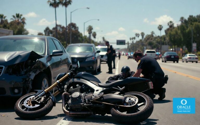 motorcycle accident scene on a busy Orange County roadway, damaged motorcycle lying near a car after a collision, emergency responders assisting an injured rider, traffic slowing in the background, palm trees and Southern California street environment visible