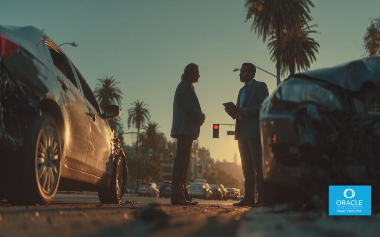 A realistic scene of a car accident in Santa Ana, California, at a busy intersection during golden hour, with two damaged vehicles, a concerned driver speaking with a professional-looking attorney in a suit holding a tablet, subtle city elements like palm trees and traffic lights in the background