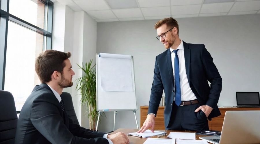 How Personal Injury Lawyers Prove Negligence in California (Effective Strategies That Win Cases) 3 An attorney confidently presenting a case in a modern conference room, pointing at documents, client listening attentively, polished and professional tone