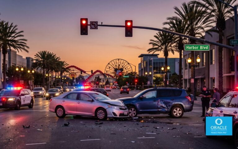Car accident scene in Anaheim, California, modern intersection, two damaged vehicles after collision, police lights reflecting at dusk, realistic urban setting, palm trees and traffic signals visible, cinematic lighting, highly detailed, photojournalistic style
