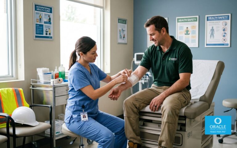 injured worker receiving medical treatment in clinic, professional healthcare setting, realistic environment, natural lighting, workplace injury recovery theme