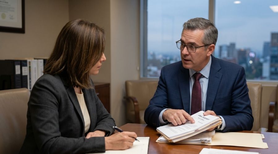 Demandas por lesiones personales en Costa Mesa: ¿Qué pruebas hacen ganar casos en California? 3 Abogado presentando documentos al otro lado del escritorio durante una reunión, conversación centrada, entorno legal realista, tonos neutrales