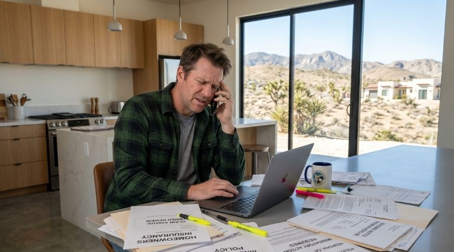 Hesperia Car Accidents: What Happens If the Other Driver Is Uninsured? 2 A person on a phone call looking frustrated while reviewing insurance documents, laptop open, papers scattered, modern home setting, natural lighting
