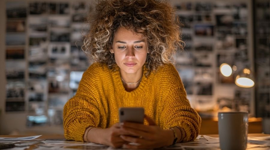 Santa Ana Personal Injury Claims: What Damages Can You Legally Recover? 2 A person sitting at home scrolling social media on their phone with a concerned expression, subtle overlay of accident-related images or documents nearby, modern environment, realistic lighting