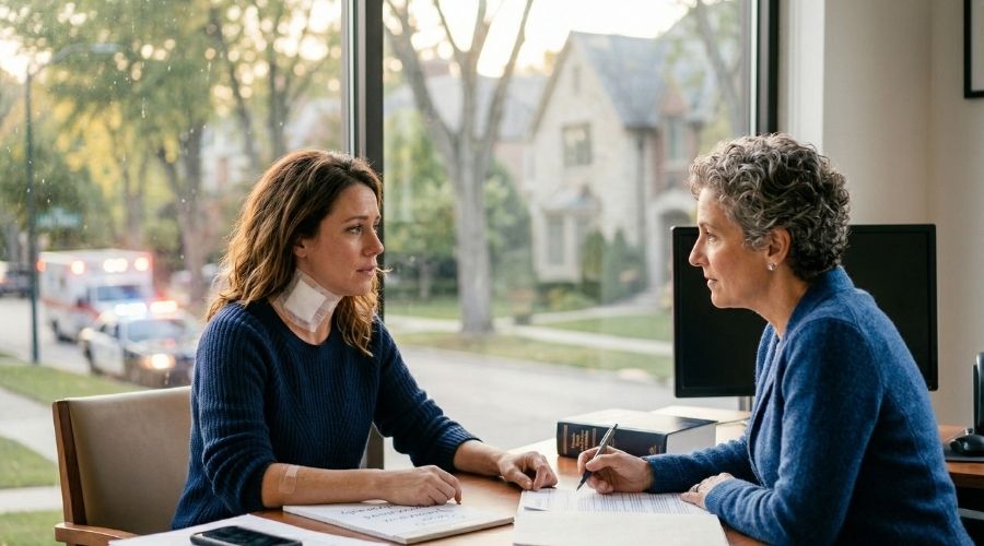 Steps to Take Immediately After a Personal Injury Accident in Lake Forest 3 A professional attorney in a modern office attentively listening to a client, both seated across a desk with documents visible, natural lighting through large windows, calm and trusting atmosphere, realistic business setting