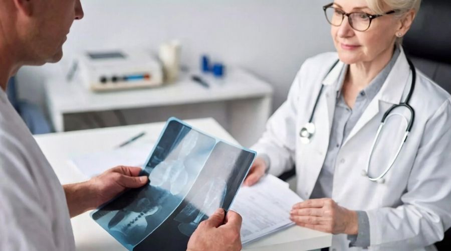 An injured person at a medical appointment speaking with a doctor while holding X-rays or medical reports, serious tone, clinical setting, realistic lighting, highlighting injury evaluation