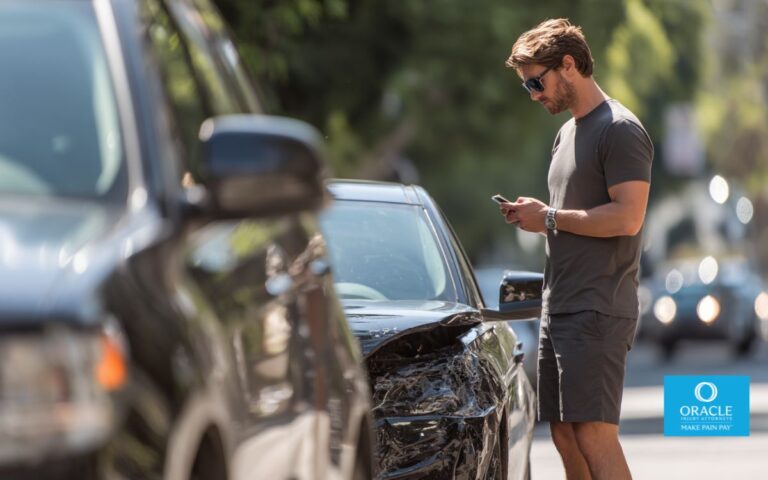 A driver standing beside two cars after a minor collision in a Costa Mesa street, small visible damage on bumpers, the driver looking uncertain while holding a phone, bright natural daylight, realistic suburban California setting, cinematic