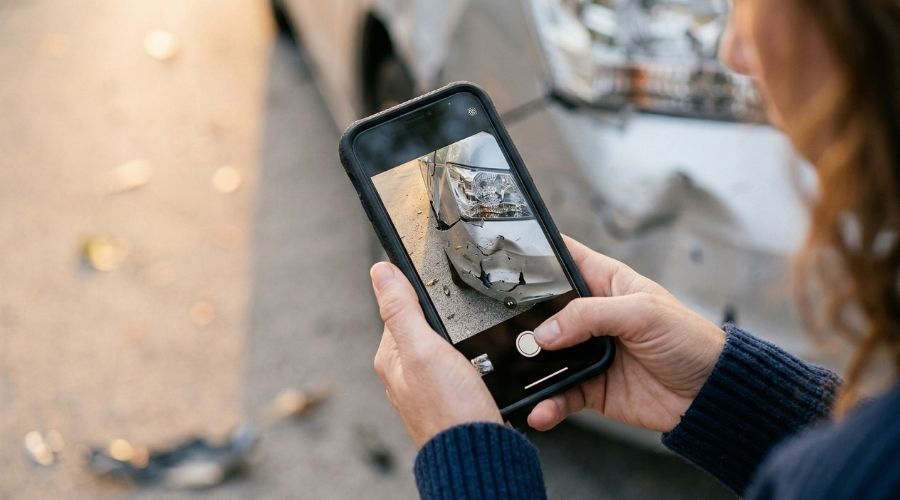 Steps to Take Immediately After a Personal Injury Accident in Lake Forest 2 A close-up of a person taking photos of a damaged car bumper with a smartphone, cracked headlights and debris visible, natural lighting, focus on the phone screen capturing the damage, shallow depth of field, realistic textures