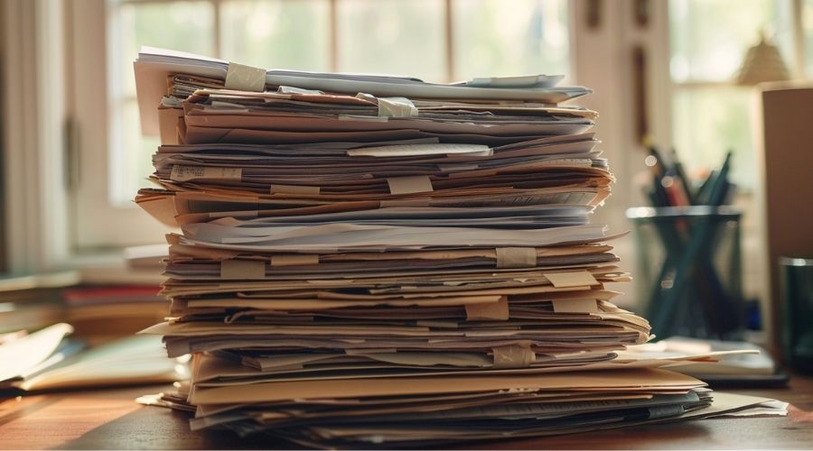 stack of organized medical records and bills on desk, symbolizing evidence in injury case, realistic textures, natural lighting, legal claim concept