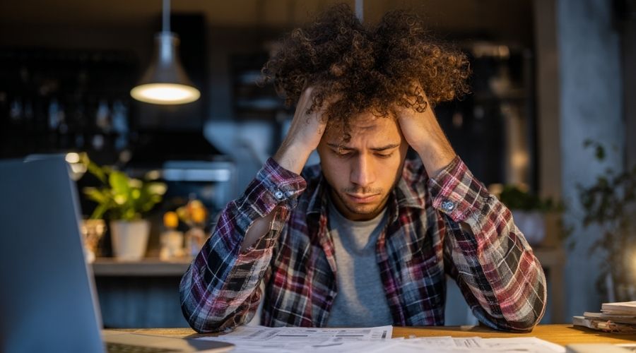Santa Ana Personal Injury Claims: What Damages Can You Legally Recover? 1 Close-up of a person reviewing medical bills and receipts at a desk with a calculator and laptop, hospital paperwork visible, focused and slightly stressed expression, clean indoor lighting, realistic modern setting
