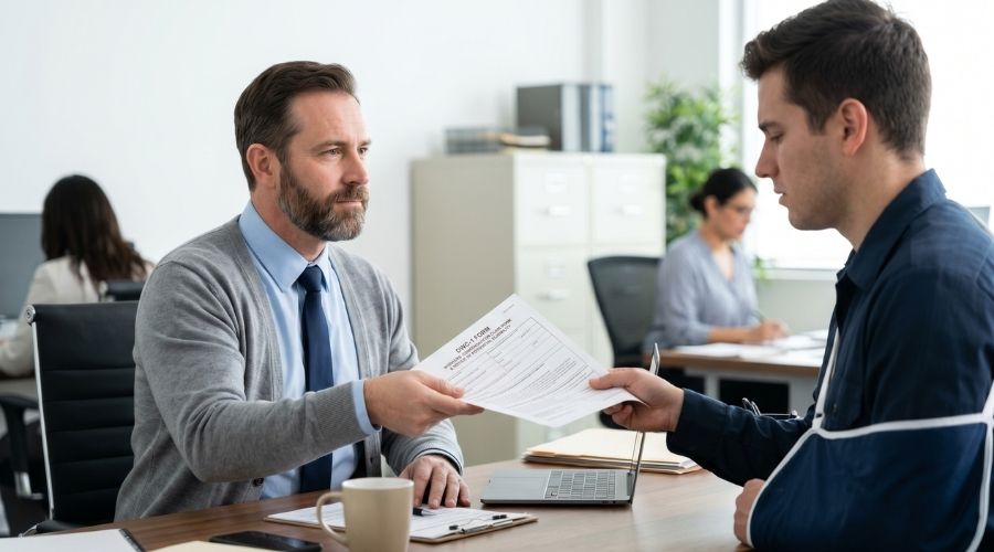 Murrieta Work Accidents: What Happens If Your Employer Doesn’t Report Your Injury? 1 An employer handing a document (DWC-1 form) to an injured employee in a workplace office setting, professional environment, neutral expressions, focus on paperwork exchange, clean lighting, realistic corporate scene, symbolizing legal responsibility