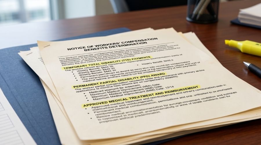 Anaheim Workplace Injuries: What Benefits Are You Entitled to Under California Law? 3 lawyer consulting injured worker in office, discussing benefits and paperwork, professional setting, natural light, corporate photography style