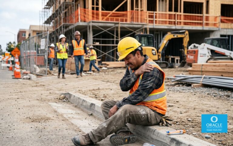 A construction worker sitting on a curb after a minor workplace accident, holding their shoulder, coworkers in the background, realistic job site, natural lighting, high detail
