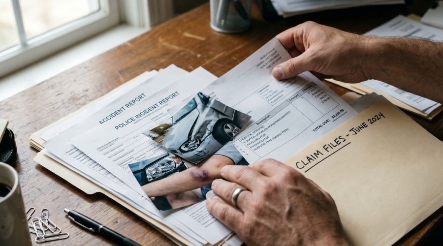Demandas por lesiones personales en Costa Mesa: ¿Qué pruebas hacen ganar casos en California? 2 Primer plano de manos organizando informes de accidentes, facturas médicas y fotos en una carpeta, en un escritorio, con luz natural y gran detalle.