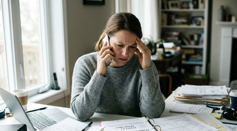 Dijiste: Una persona frustrada hablando por teléfono con una compañía de seguros, papeles esparcidos, expresión seria, ambiente interior, luz natural, transmitiendo estrés y dificultades en la negociación.