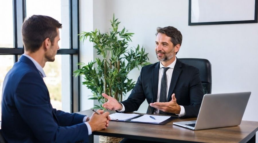 A personal injury attorney speaking with a client in a modern office, reassuring body language, documents on the table, confident and supportive tone