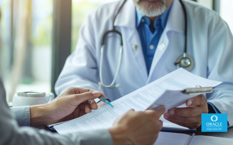 patient reviewing medical records with doctor in modern clinic, detailed paperwork visible, serious discussion, realistic healthcare environment, natural lighting, professional documentary style