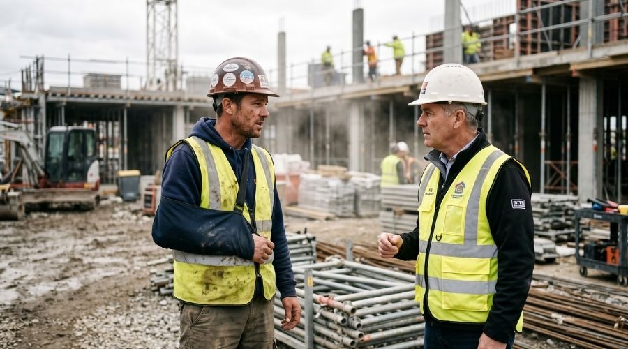 Anaheim Workplace Injuries: What Benefits Are You Entitled to Under California Law? 1 construction worker with arm injury speaking with employer on-site, serious conversation, realistic job site environment, safety gear visible, documentary style