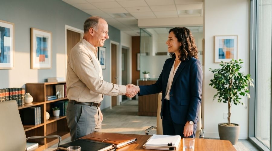Hesperia Car Accidents: What Happens If the Other Driver Is Uninsured? 3 A relieved client shaking hands with a lawyer in a clean, modern office, positive and hopeful tone, warm lighting, professional setting