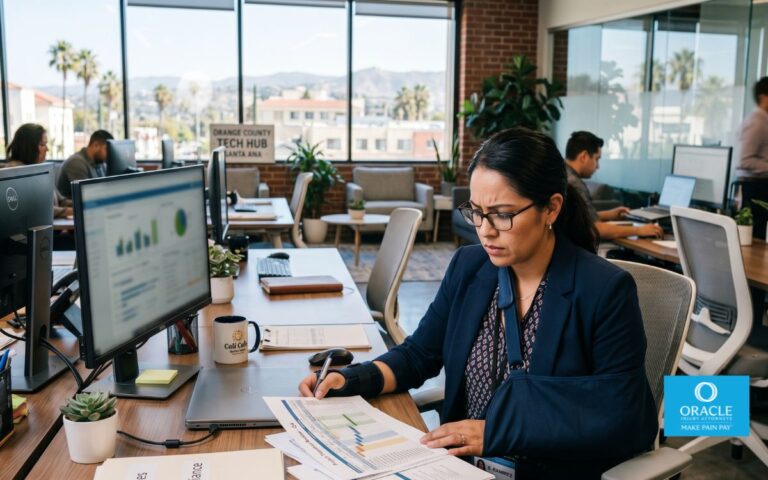 A realistic scene of an injured office worker in Santa Ana reviewing paperwork at a desk, looking concerned but focused, modern workplace environment, soft natural lighting, subtle Southern California elements, professional documentary photography style, high detail,