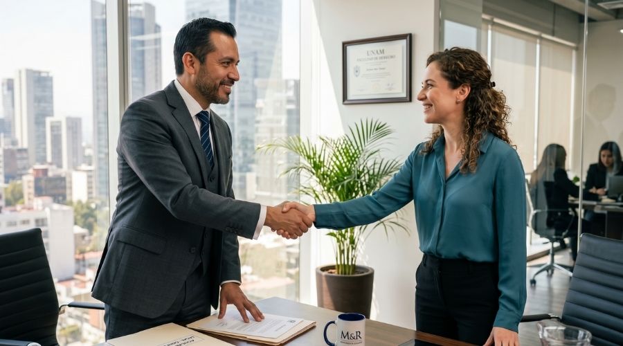 Un apretón de manos entre un abogado y un cliente en una oficina moderna, que simboliza confianza y ayuda legal, iluminación natural brillante, tono profesional,