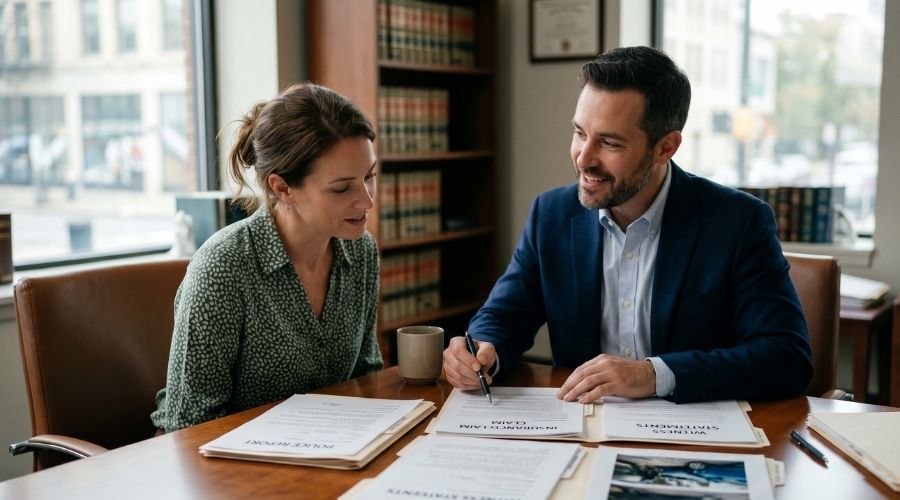 Victorville Car Crash Claims: How Fault Is Determined in California 3 attorney consulting with client in modern office, reviewing accident case documents together, confident and reassuring expressions, natural lighting, cinematic realism